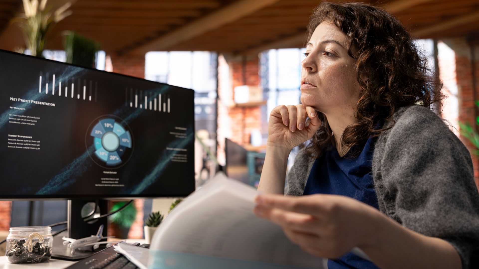 A senior researcher goes over quantitative research outputs.
